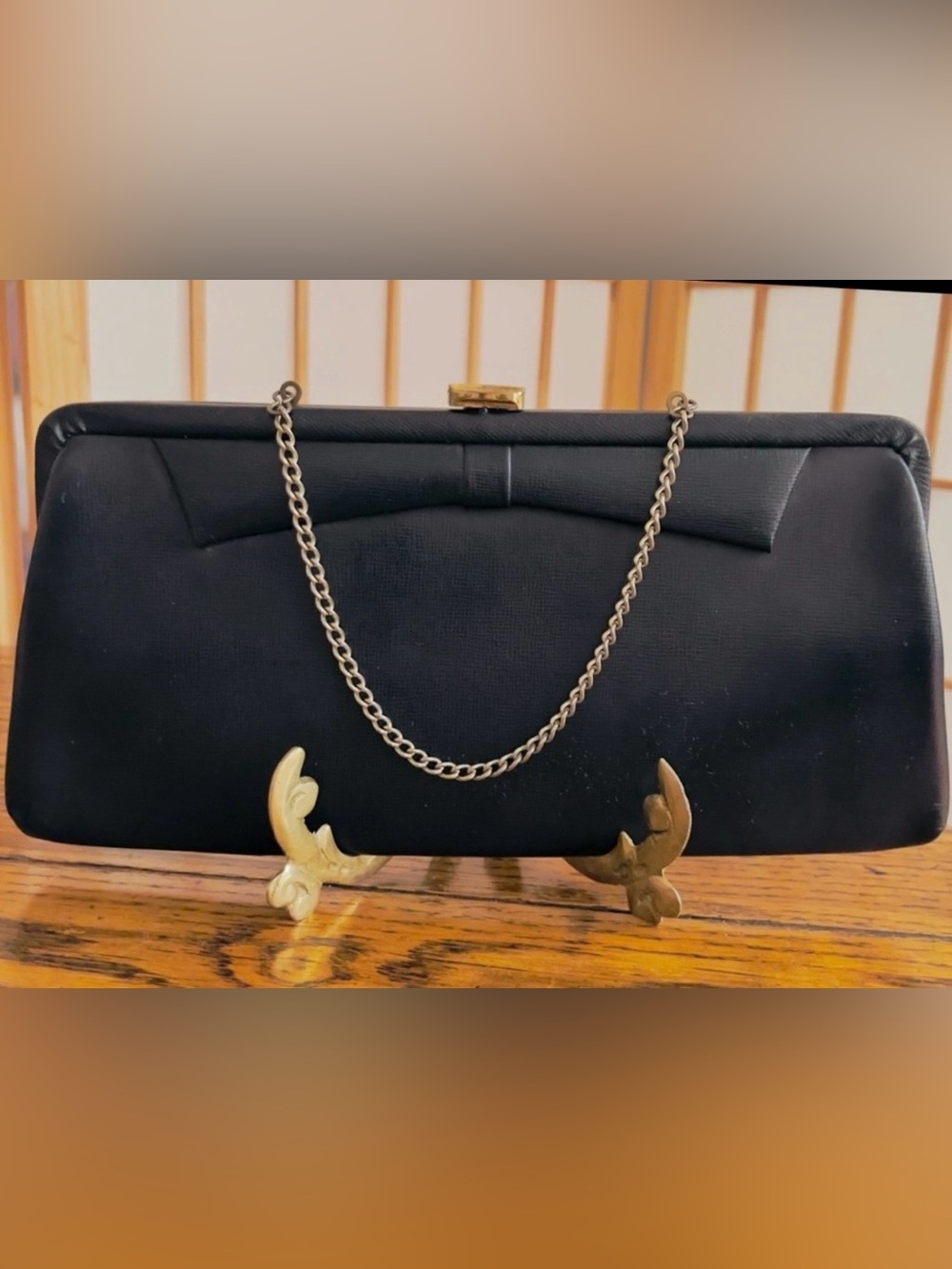 Vintage 1960s Admiral 79 Navy Leather
Bow Clutch Bag w/ Snake Chain 11”x 5”